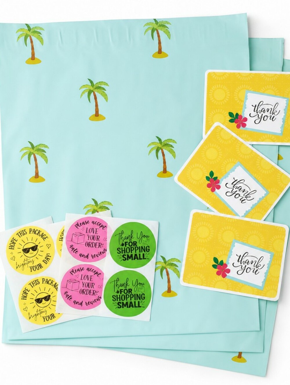 Tropical Packaging Bundle | Thank You Cards + Stickers + Polymailers | 50 Items